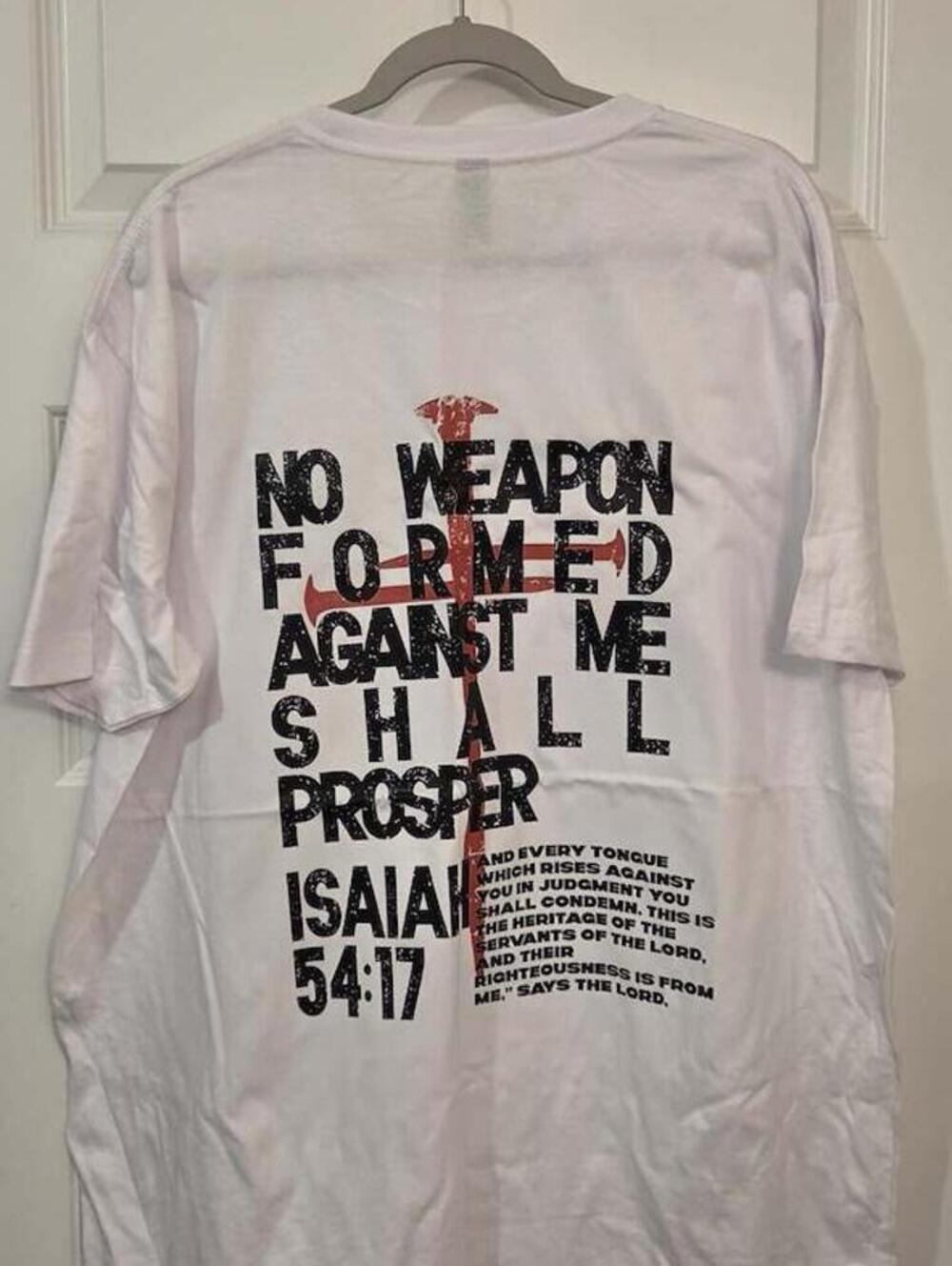 Skyland Isaiah 54:17 Graphic T-Shirt White Short Sleeve Crew Neck